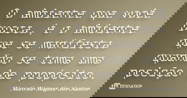 O ambiente que você busca, é o ambiente que se manifesta quando se toma uma posição de propósito.... Frase de Marcelo Wagner dos Santos.