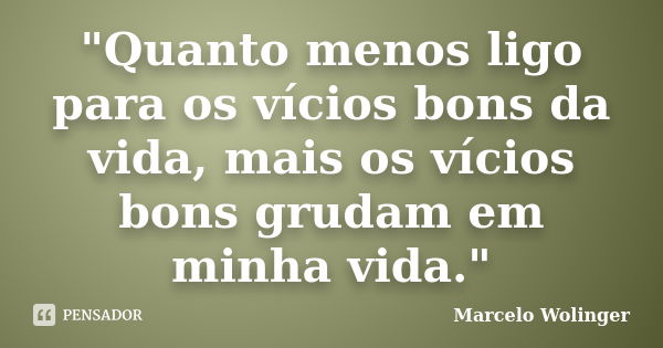 "Quanto menos ligo para os vícios bons da vida, mais os vícios bons grudam em minha vida."... Frase de Marcelo Wolinger.