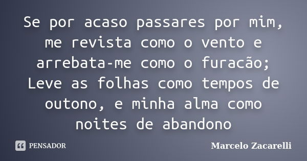 Se por acaso passares por mim, me revista como o vento e arrebata-me como o furacão; Leve as folhas como tempos de outono, e minha alma como noites de abandono... Frase de Marcelo Zacarelli.