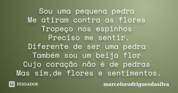 Sou uma pequena pedra Me atiram contra as flores Tropeço nos espinhos Preciso me sentir. Diferente de ser uma pedra Também sou um beija flor Cujo coração não é ... Frase de marcelorodriguesdasilva.