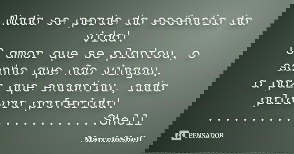Nada se perde da essência da vida! O amor que se plantou, o sonho que não vingou, a paz que encantou, cada palavra proferida! ......................Shell... Frase de MarceloShell.