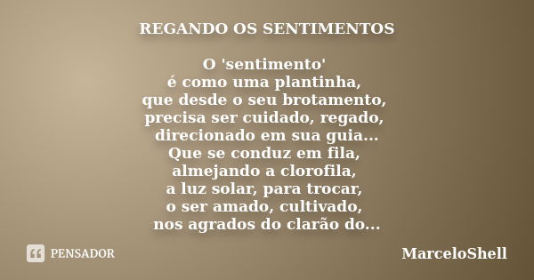 REGANDO OS SENTIMENTOS O 'sentimento' é como uma plantinha, que desde o seu brotamento, precisa ser cuidado, regado, direcionado em sua guia... Que se conduz em... Frase de MarceloShell.