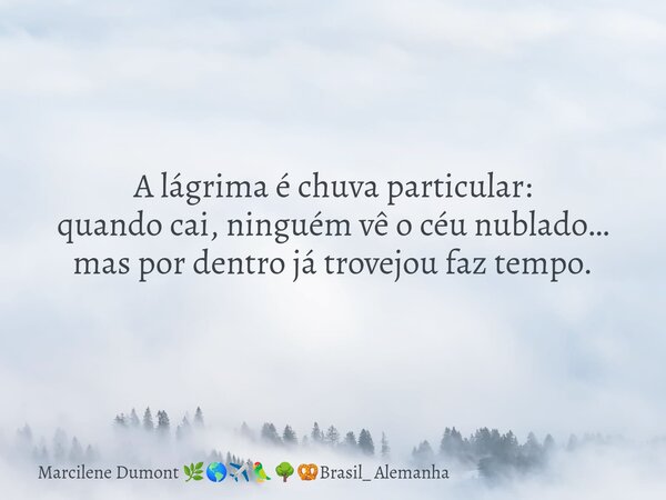 A lágrima é chuva particular: quando cai, ninguém vê o céu nublado… mas por dentro já trovejou faz tempo.... Frase de Marcilene Dumont Brasil_ Alemanha.