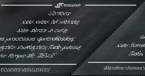 Certeiro: Nas lutas há vitórias; Nas dores a cura; Nos processos aprendizados; Nas humilhações exaltações;Tudo passa; Tudo.. no tempo de DEUS!... Frase de Marcilene Dumont -MULHERES RESILIENTES.