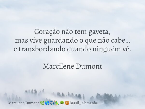 Coração não tem gaveta, mas vive guardando o que não cabe… e transbordando quando ninguém vê. ⁠Marcilene Dumont... Frase de Marcilene Dumont Brasil_ Alemanha.