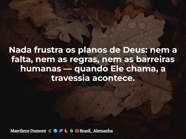 Nada frustra os planos de Deus: nem a falta, nem as regras, nem as barreiras humanas — quando Ele chama, a travessia acontece.⁠... Frase de Marcilene Dumont Brasil_ Alemanha.