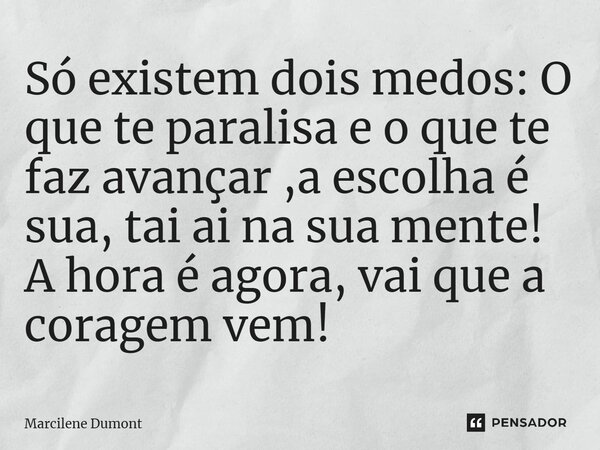 ⁠Só existem dois medos: O que te paralisa e o que te faz avançar ,a escolha é sua, tai ai na sua mente! A hora é agora, vai que a coragem vem!... Frase de Marcilene Dumont.