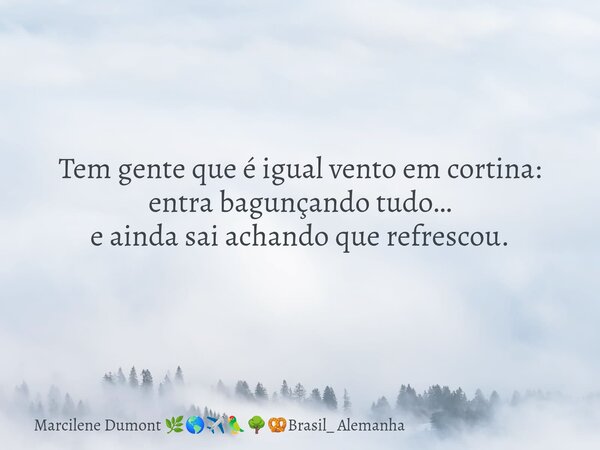 Tem gente que é igual vento em cortina: entra bagunçando tudo… e ainda sai achando que refrescou.... Frase de Marcilene Dumont Brasil_ Alemanha.