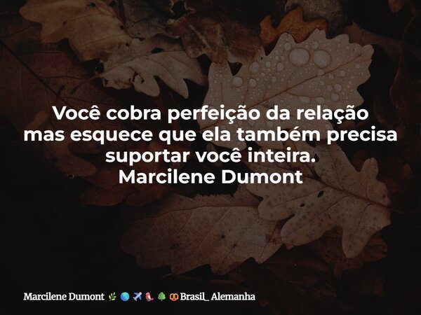 Você cobra perfeição da relação mas esquece que ela também precisa suportar você inteira. Marcilene Dumont⁠... Frase de Marcilene Dumont Brasil_ Alemanha.