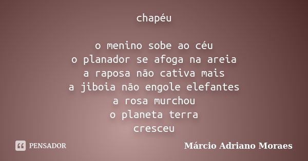 chapéu o menino sobe ao céu o planador se afoga na areia a raposa não cativa mais a jiboia não engole elefantes a rosa murchou o planeta terra cresceu... Frase de Márcio Adriano Moraes.