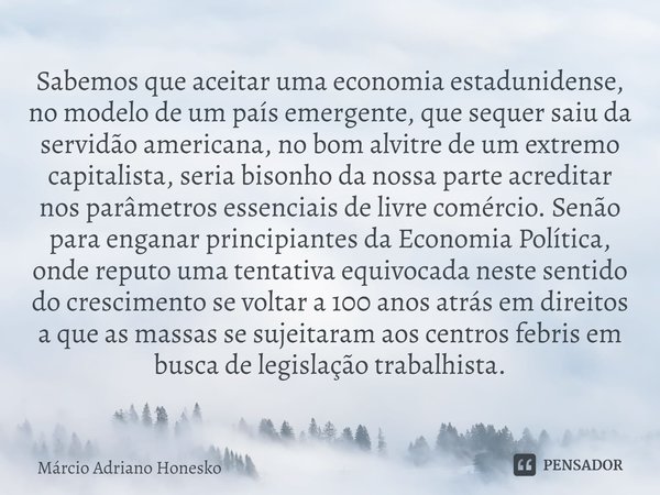 ⁠Sabemos que aceitar uma economia estadunidense, no modelo de um país emergente, que sequer saiu da servidão americana, no bom alvitre de um extremo capitalista... Frase de Márcio Adriano Honesko.