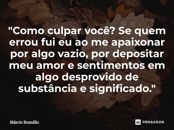 ⁠"Como culpar você? Se quem errou fui eu ao me apaixonar por algo vazio, por depositar meu amor e sentimentos em algo desprovido de substância e significad... Frase de Márcio Brandão.