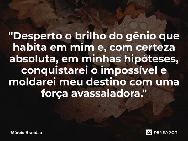 ⁠"Desperto o brilho do gênio que habita em mim e, com certeza absoluta, em minhas hipóteses, conquistarei o impossível e moldarei meu destino com uma força... Frase de Márcio Brandão.