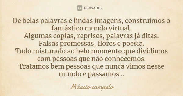 De belas palavras e lindas imagens, construimos o fantástico mundo virtual. Algumas copias, reprises, palavras já ditas. Falsas promessas, flores e poesia. Tudo... Frase de Márcio Campelo.