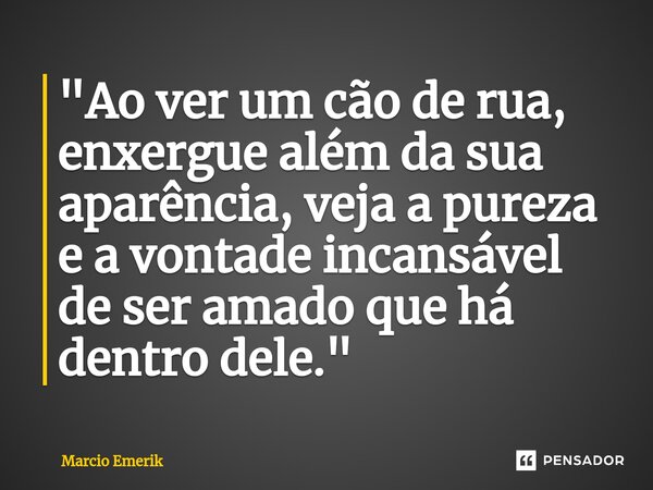⁠"Ao ver um cão de rua, enxergue além da sua aparência, veja a pureza e a vontade incansável de ser amado que há dentro dele."... Frase de Marcio Emerik.