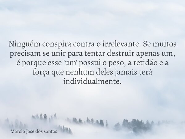 Ninguém conspira contra o irrelevante. Se muitos precisam se unir para tentar destruir apenas um, é porque esse 'um' possui o peso, a retidão e a força que nenh... Frase de Marcio Jose dos santos.