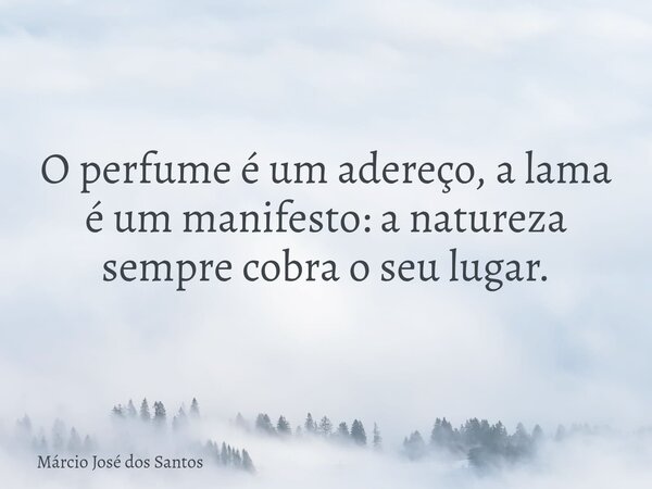 O perfume é um adereço, a lama ⁠é um manifesto: a natureza sempre cobra o seu lugar.... Frase de Márcio José dos Santos.