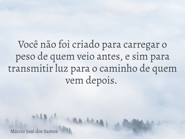 Você não foi criado para carregar o peso de quem veio antes, e sim para transmitir luz para o caminho de quem vem depois. ⁠... Frase de Márcio José dos Santos.