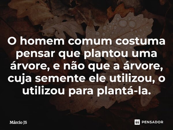 ⁠O homem comum costuma pensar que plantou uma árvore, e não que a árvore, cuja semente ele utilizou, o utilizou para plantá-la.... Frase de Márcio JS.