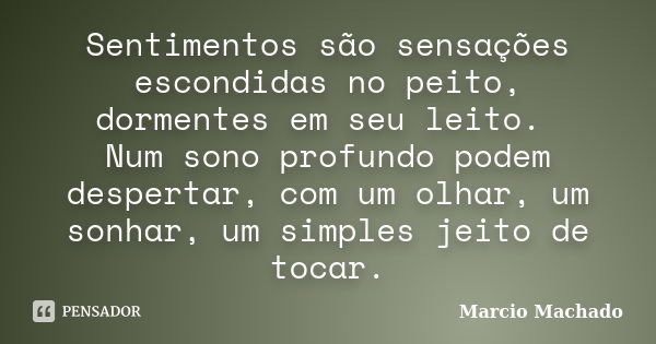 Sentimentos são sensações escondidas no peito, dormentes em seu leito. Num sono profundo podem despertar, com um olhar, um sonhar, um simples jeito de tocar.... Frase de Marcio Machado.