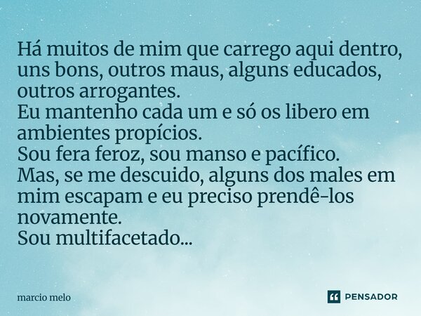 Há muitos de mim que carrego aqui dentro, uns bons, outros maus, alguns educados, outros arrogantes. Eu mantenho cada um e só os libero em ambientes propícios. ... Frase de marcio melo.