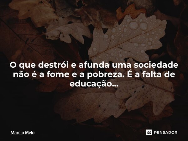 ⁠ O que destrói e afunda uma sociedade não é a fome e a pobreza. É a falta de educação...... Frase de marcio melo.