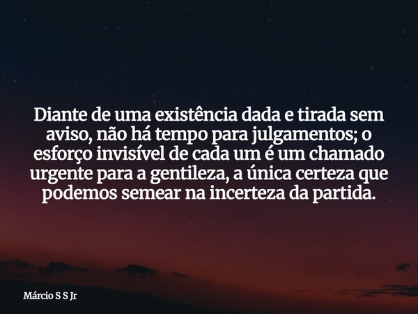 Diante de uma existência dada e tirada sem aviso, não há tempo para julgamentos; o esforço invisível de cada um é um chamado urgente para a gentileza, a única c... Frase de Márcio S S Jr.