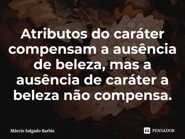 ⁠Atributos do caráter compensam a ausência de beleza, mas a ausência de caráter a beleza não compensa.... Frase de Márcio Salgado Barbis.