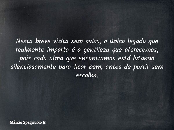 Nesta breve visita sem aviso, o único legado que realmente importa é a gentileza que oferecemos, pois cada alma que encontramos está lutando silenciosamente par... Frase de Márcio Spagnuolo Jr.