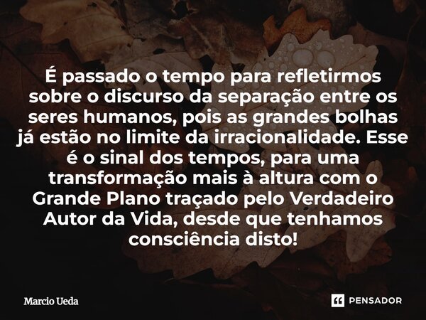É passado o tempo para refletirmos sobre o discurso da separação entre os seres humanos, pois as grandes bolhas já estão no limite da irracionalidade. Esse é o... Frase de Marcio Ueda.