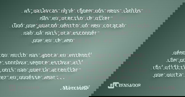 As palavras hoje fogem dos meus labios Mas eu preciso te dizer Tudo que guardo dentro do meu coração não da mais pra esconder que eu te amo demorou muito mas ag... Frase de MarcioBk.