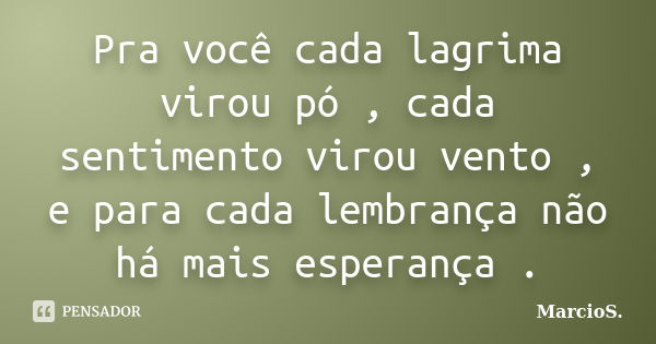 Pra você cada lagrima virou pó , cada sentimento virou vento , e para cada lembrança não há mais esperança .... Frase de MarcioS..