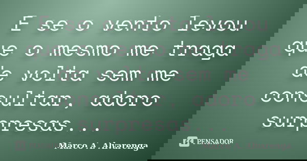 E se o vento levou que o mesmo me traga de volta sem me consultar, adoro surpresas...... Frase de Marco A. Alvarenga.