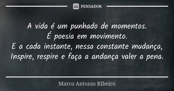 A vida é um punhado de momentos.
É poesia em movimento.
E a cada instante, nessa constante mudança,
Inspire, respire e faça a andança valer a pena.... Frase de Marco Antonio Ribeiro.