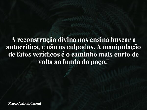 ⁠A reconstrução divina nos ensina buscar a autocrítica, e não os culpados. A manipulação de fatos verídicos é o caminho mais curto de volta ao fundo do poço.&qu... Frase de Marco Antonio Ianoni.