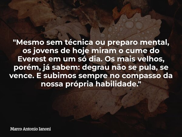 "Mesmo sem técnica ou preparo mental, os jovens de hoje miram o cume do Everest em um só dia. Os mais velhos, porém, já sabem: degrau não se pula, se vence... Frase de Marco Antonio Ianoni.