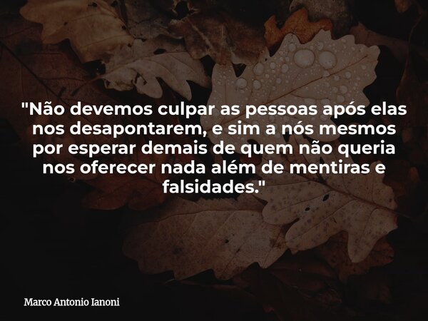 "Não devemos culpar as pessoas após elas nos desapontarem, e sim a nós mesmos por esperar demais de quem não queria nos oferecer nada além de mentiras e fa... Frase de Marco Antonio Ianoni.