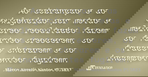 As cobranças e as exigências por metas e melhores resultados fazem os fortes crescerem, os fracos chorarem e os incompetentes fugirem.... Frase de Marco Aurelio Santos PU5REI.