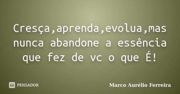 Cresça,aprenda,evolua,mas nunca abandone a essência que fez de vc o que É!... Frase de Marco Aurélio Ferreira.
