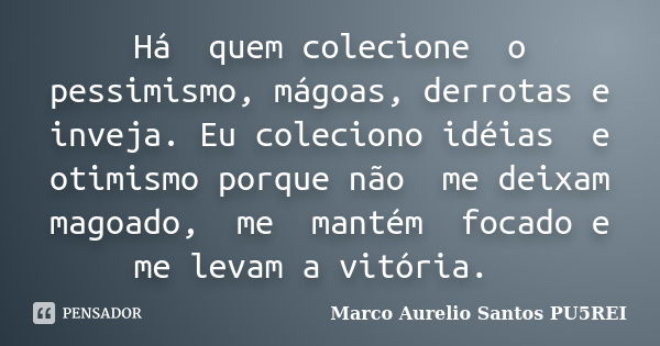 Há quem colecione o pessimismo, mágoas, derrotas e inveja. Eu coleciono idéias e otimismo porque não me deixam magoado,me mantém focado e me levam a vitória.... Frase de Marco Aurélio Santos PU5REI.