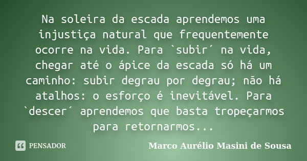 Na soleira da escada aprendemos uma injustiça natural que frequentemente ocorre na vida. Para `subir´ na vida, chegar até o ápice da escada só há um caminho: su... Frase de Marco Aurélio Masini de Sousa.