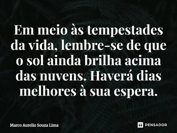 ⁠Em meio às tempestades da vida, lembre-se de que o sol ainda brilha acima das nuvens. Haverá dias melhores à sua espera.... Frase de Marco Aurelio Souza Lima.