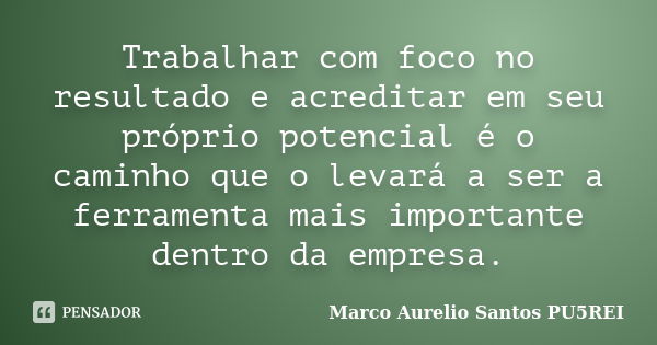 Trabalhar com foco no resultado e acreditar em seu próprio potencial é o caminho que o levará a ser a ferramenta mais importante dentro da empresa.... Frase de Marco Aurélio Santos PU5REI.