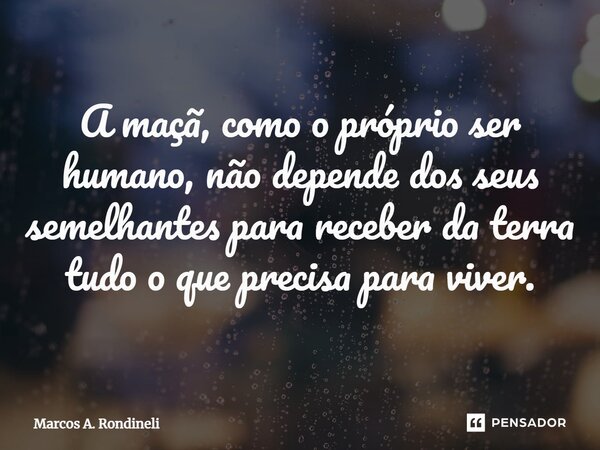 ⁠A maçã, como o próprio ser humano, não depende dos seus semelhantes para receber da terra tudo o que precisa para viver.... Frase de Marcos A. Rondineli.