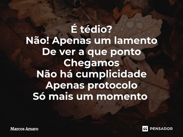 É tédio? Não! Apenas um lamento De ver a que ponto Chegamos Não há cumplicidade Apenas protocolo Só mais um momento ⁠... Frase de Marcos Amaro.