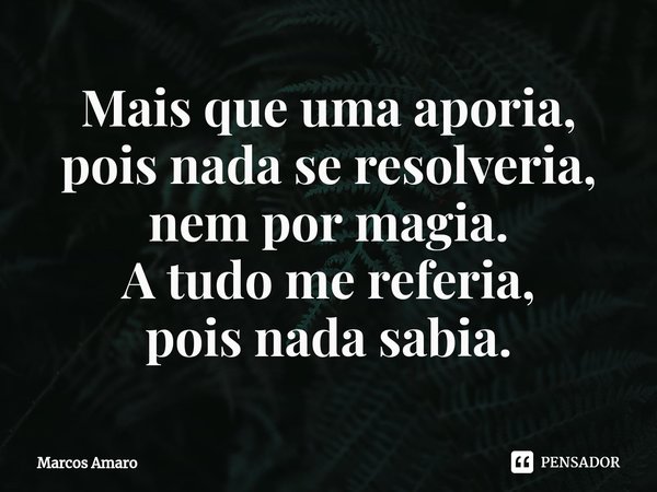 ⁠Mais que uma aporia,
pois nada se resolveria,
nem por magia.
A tudo me referia,
pois nada sabia.... Frase de Marcos Amaro.