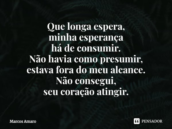 ⁠Que longa espera,
minha esperança
há de consumir.
Não havia como presumir,
estava fora do meu alcance.
Não consegui,
seu coração atingir.... Frase de Marcos Amaro.