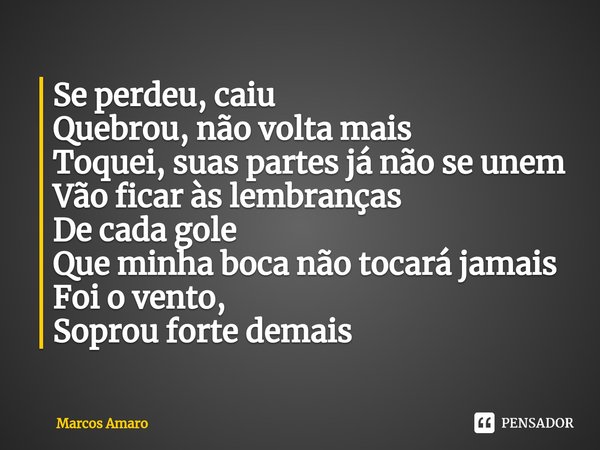 ⁠Se perdeu, caiu Quebrou, não volta mais Toquei, suas partes já não se unem Vão ficar às lembranças De cada gole Que minha boca não tocará jamais Foi o vento, S... Frase de Marcos Amaro.
