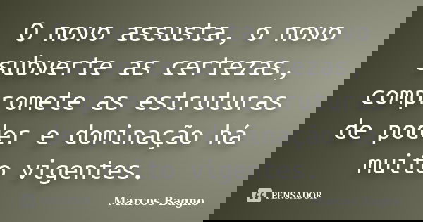 O novo assusta, o novo subverte as certezas, compromete as estruturas de poder e dominação há muito vigentes.... Frase de Marcos Bagno.