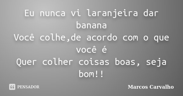 Eu nunca vi laranjeira dar banana Você colhe,de acordo com o que você é Quer colher coisas boas, seja bom!!... Frase de Marcos Carvalho.